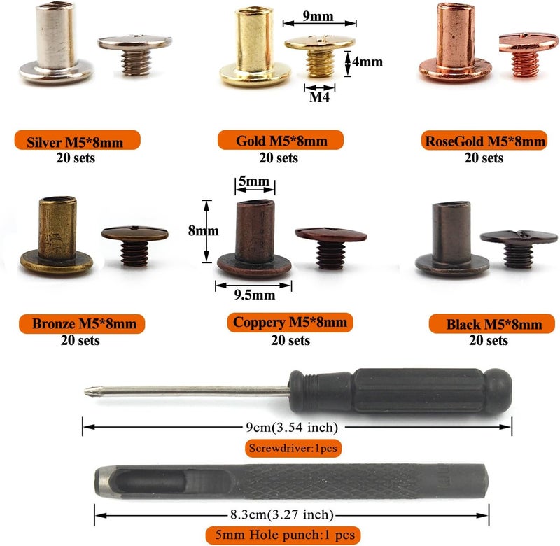 ALLOYPRO 120 Sets Chicago Screws with Hole Puncher and Screwdriver Assorted Kit 6 Color Leather Rivets Screw Flat Fillister Book Binding Posts Nail Rivet Chicago Bolts for DIY Leather Craft (5×8mm) - Image 2
